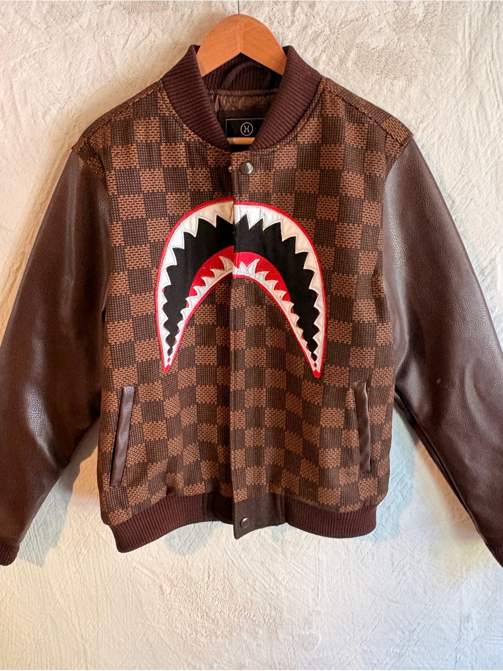 Brown Check Bomber Jacket with Shark-Mouth Patch
